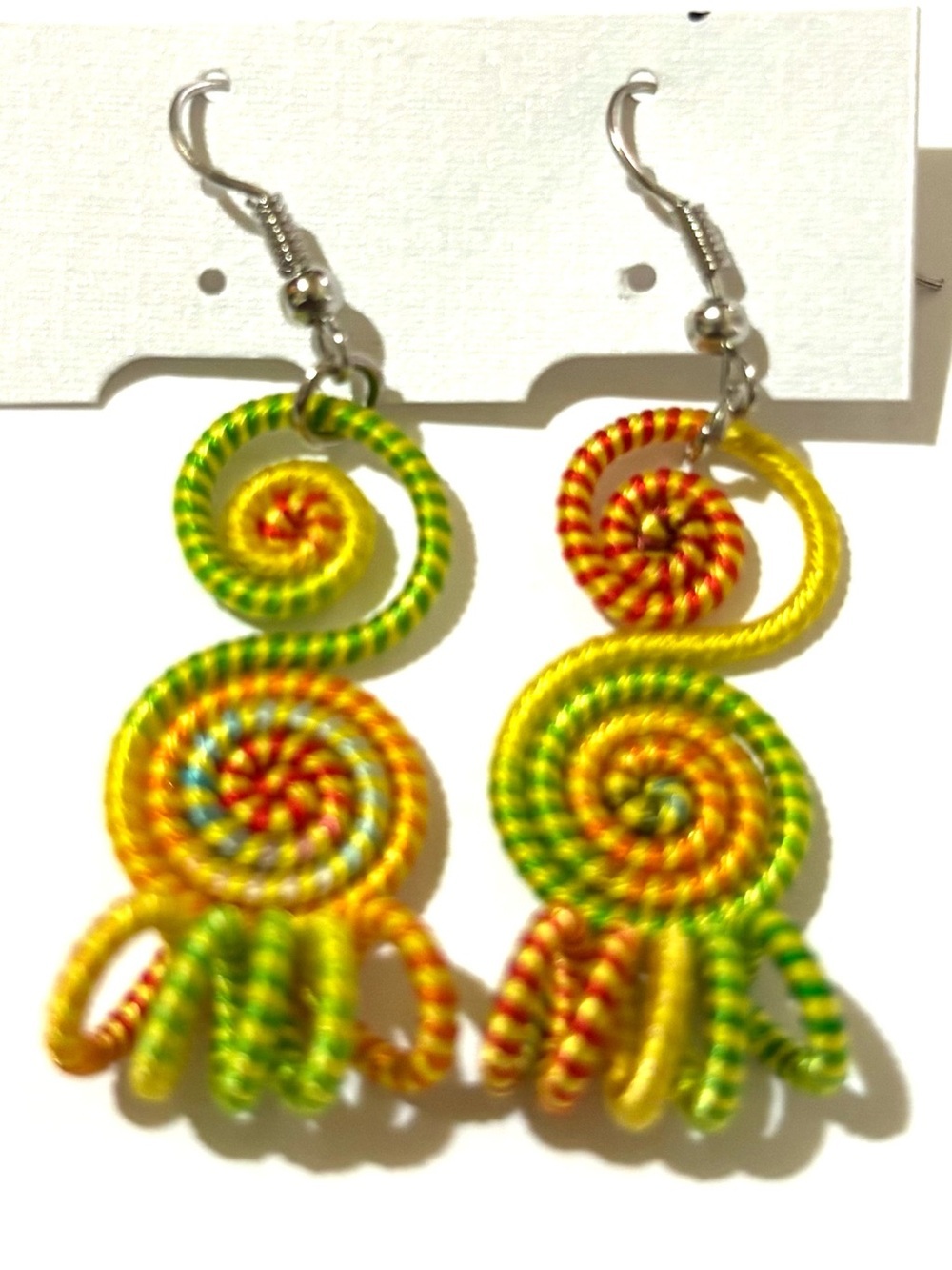 Handmade Yellow Green Multicolor Spiral Drop Earrings